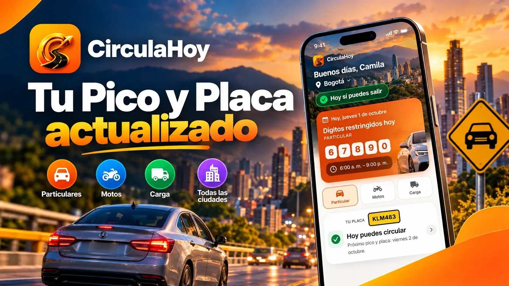 CirculaHoy en el iPhone: la pantalla de hoy con el aviso Hoy sí puedes salir, los dígitos restringidos y la placa (ejemplo con datos de muestra)