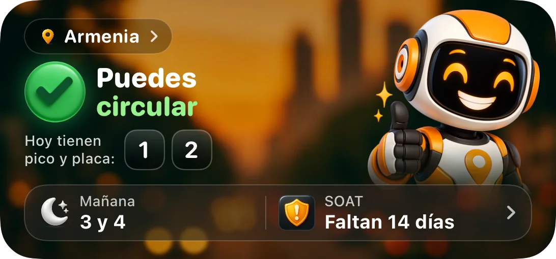 Widget de CirculaHoy: Puedes circular, los dígitos con pico y placa hoy y mañana, y SOAT con 14 días por vencer (ejemplo con datos de muestra)